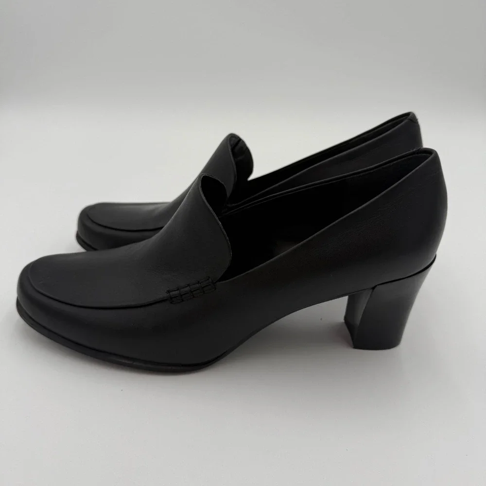 Franco‎ Sarto Nolan Pump Black Leather Block Heel Loafers High Heels Shoes 9.5